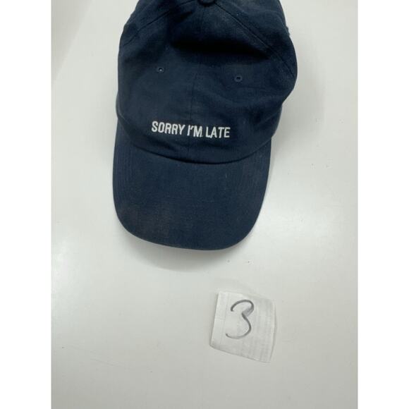 PAG Baseball Hat Navy Blue Sorry I'm Late Embroidered Text Adjustable Cap - Picture 8 of 8